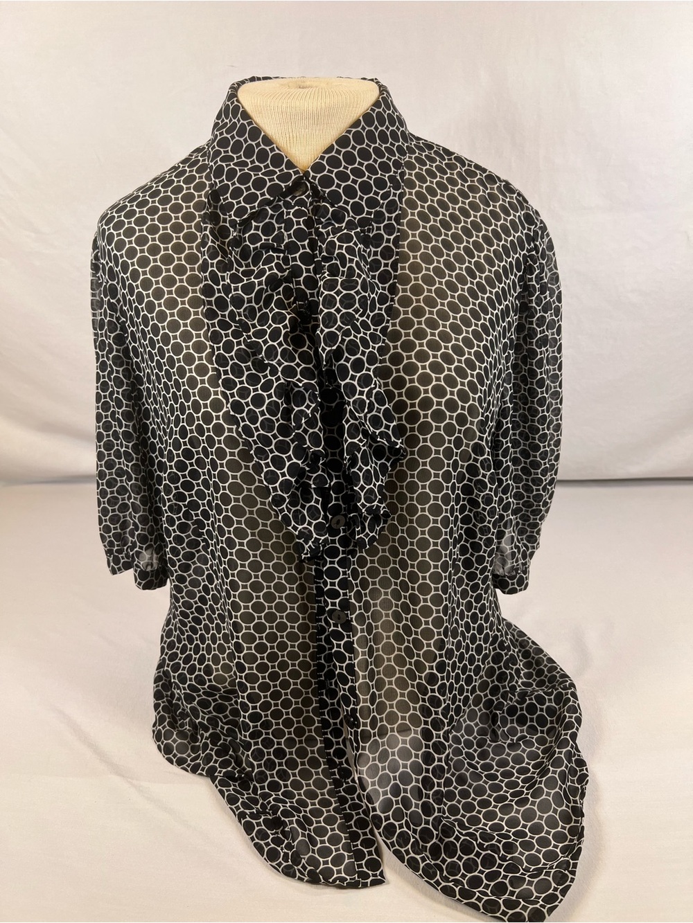 East 5th Black & White Circle Dot Ruffle-Neck Blouse